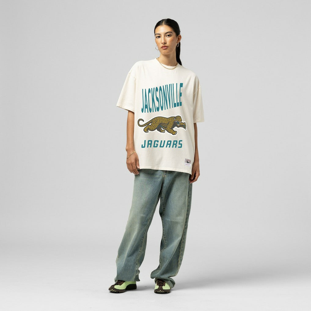 Jacksonville Jaguars Women's Logo Rise Boyfriend T-Shirt Cream - Mitchell & Ness