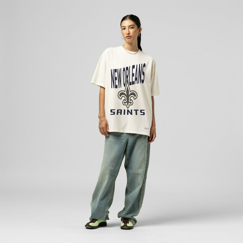 New Orleans Saints Women's Logo Rise Boyfriend T-Shirt Cream - Mitchell & Ness