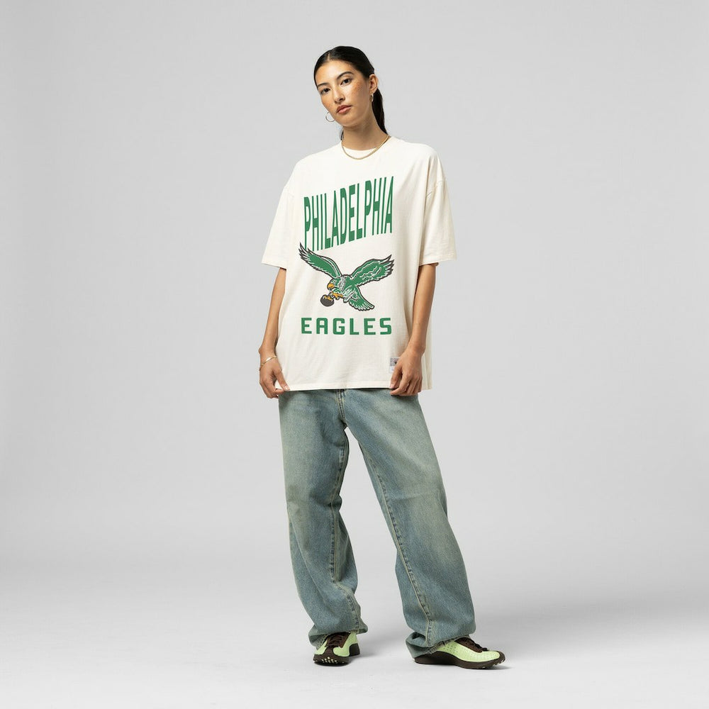 Philadelphia Eagles Women's Logo Rise Boyfriend T-Shirt Cream - Mitchell & Ness