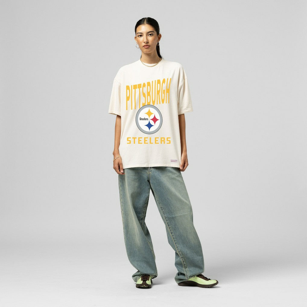 Pittsburgh Steelers Women's Logo Rise Boyfriend T-Shirt Cream - Mitchell & Ness