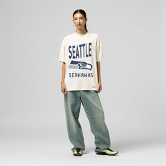 Seattle Seahawks Women's Logo Rise Boyfriend T-Shirt Cream - Mitchell & Ness