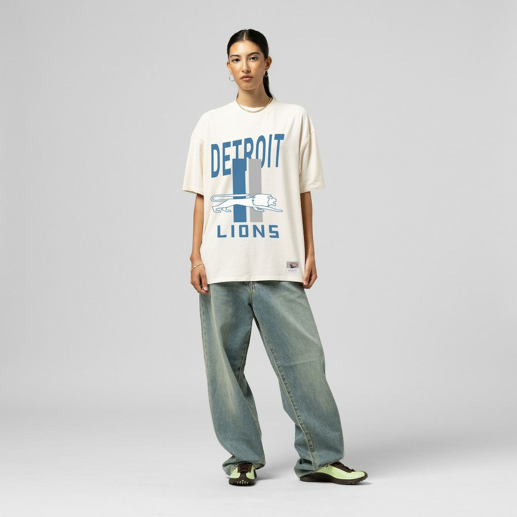 Detroit Lions Women's Logo Rise Boyfriend T-Shirt Cream - Mitchell & Ness