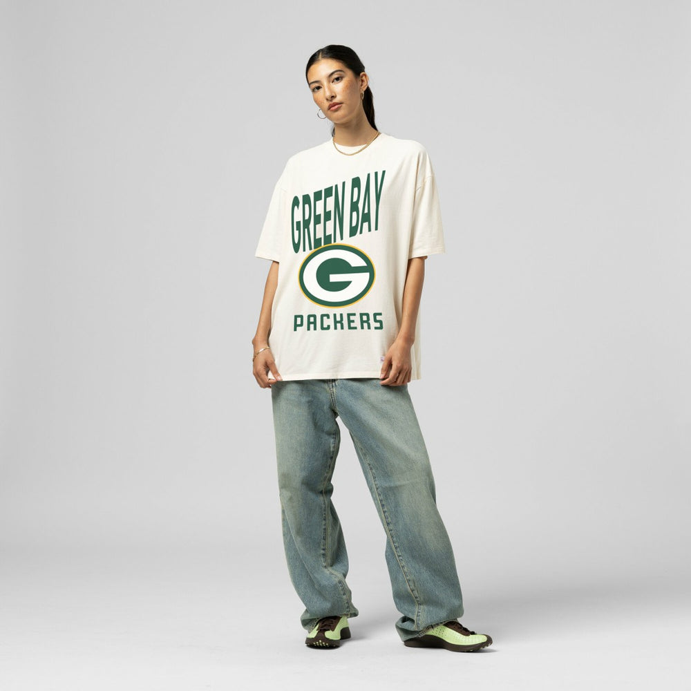 Green Bay Packers Women's Logo Rise Boyfriend T-Shirt Cream - Mitchell & Ness