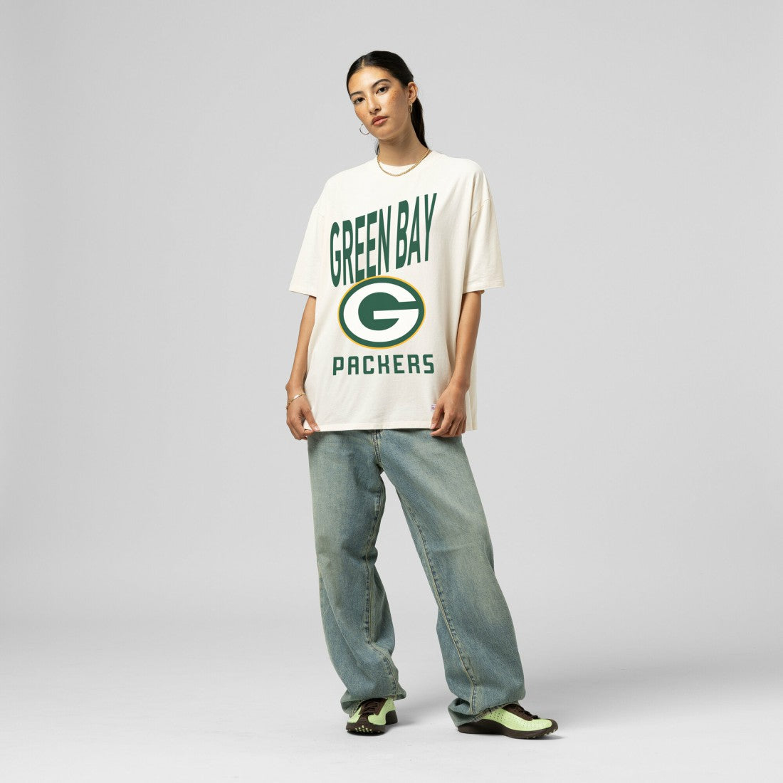 Green Bay Packers Women's Logo Rise Boyfriend T-Shirt Cream - Mitchell & Ness