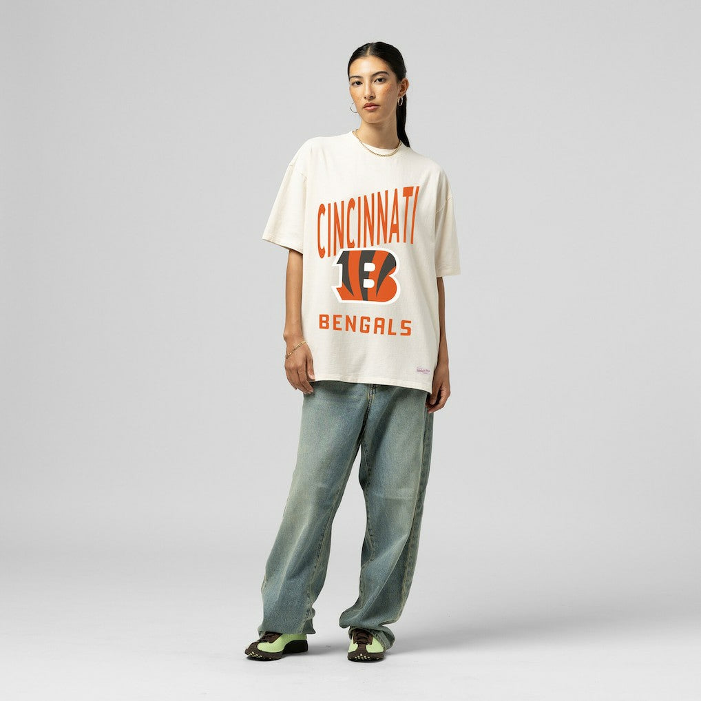 Cincinnati Bengals Women's Logo Rise Boyfriend T-Shirt Cream - Mitchell & Ness
