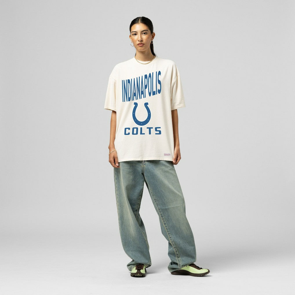 Indianapolis Colts Women's Logo Rise Boyfriend T-Shirt Cream - Mitchell & Ness