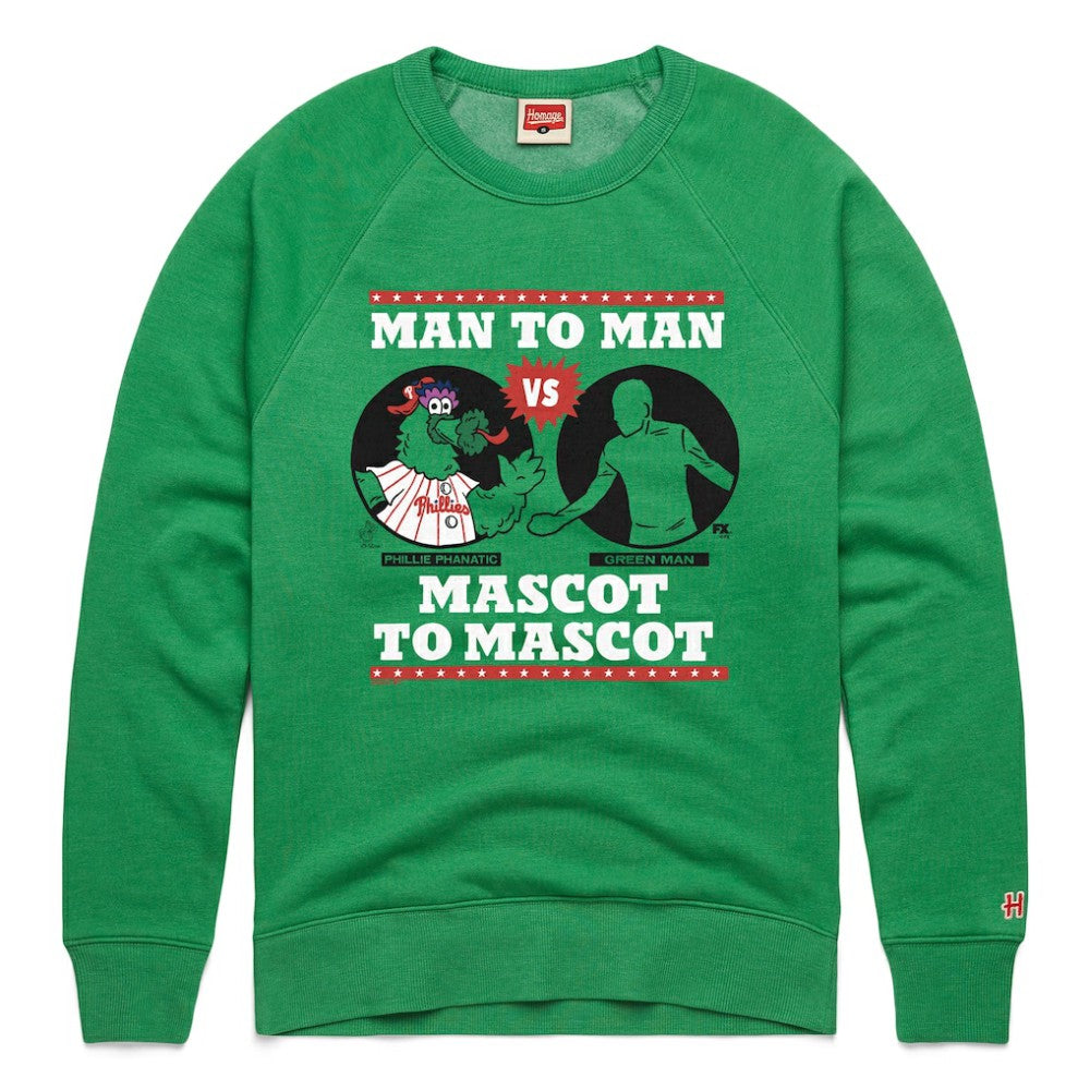 Philadelphia Phillies x It's Always Sunny in Philadelphia Homage Male Adult Phillie Phanatic vs Green Man Sweatshirt Sale