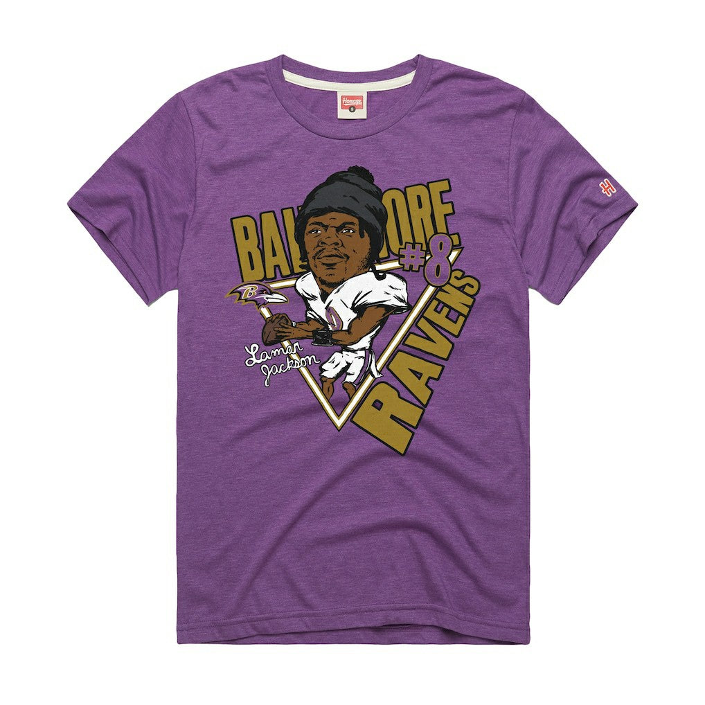 Lamar Jackson Baltimore Ravens Homage Unisex Caricature Player Graphic Tri-Blend T-Shirt Purple - NFL