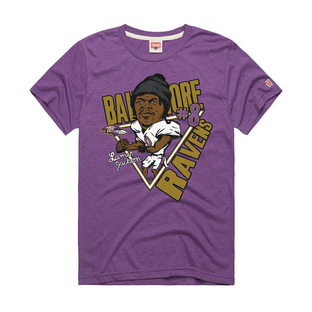 Lamar Jackson Baltimore Ravens Homage Unisex Caricature Player Graphic Tri-Blend T-Shirt Purple - NFL