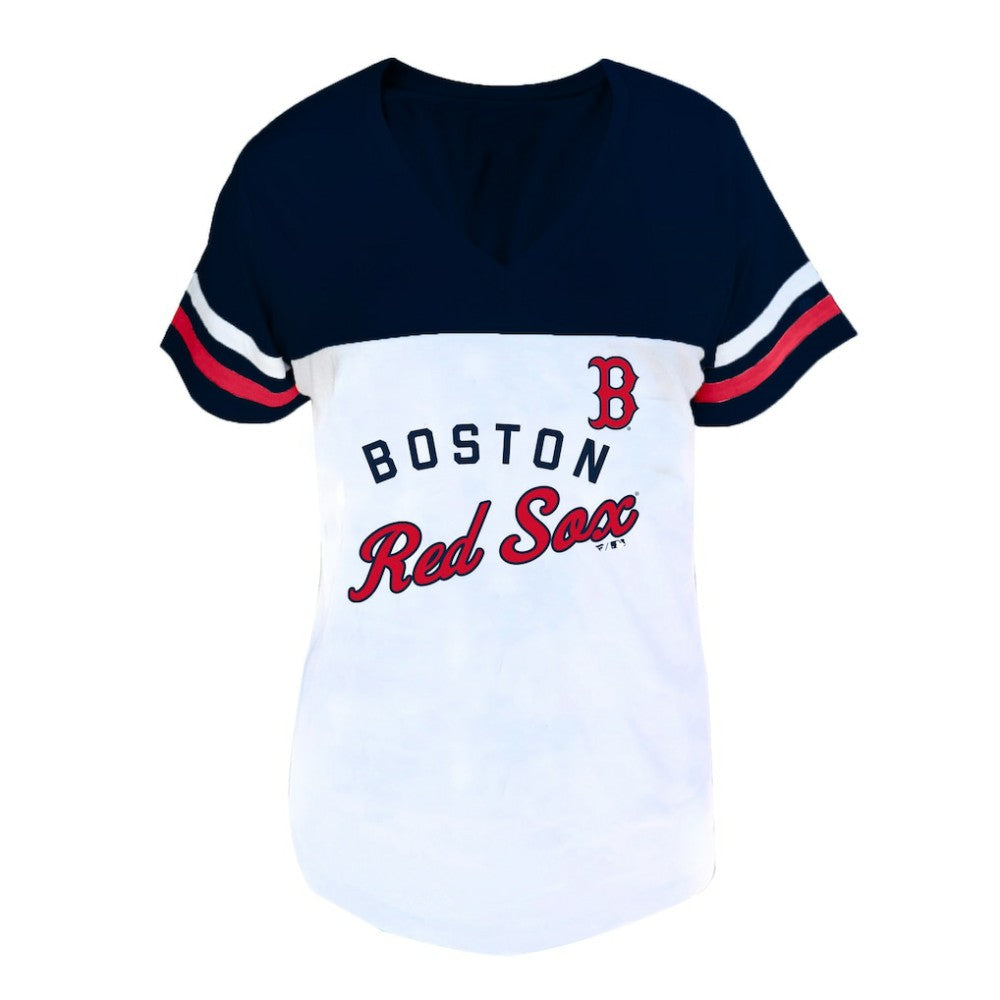 Boston Red Sox Profile Women's Plus Size Two-Stripe V-Neck T-Shirt for sale
