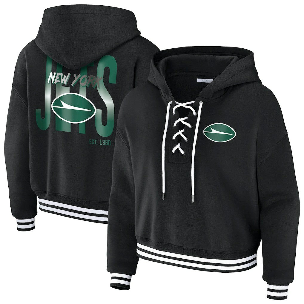 New York Jets WEAR by Erin Andrews Women's Lace-Up Fleece Hoodie Black - NFL