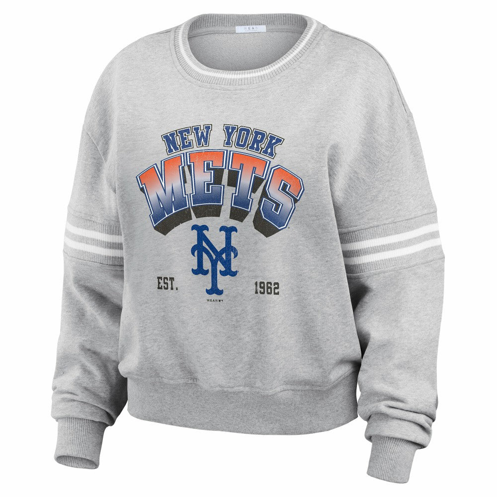 New York Mets WEAR by Erin Andrews Women's Sleeve Stripe Fleece Sweatshirt On Sale