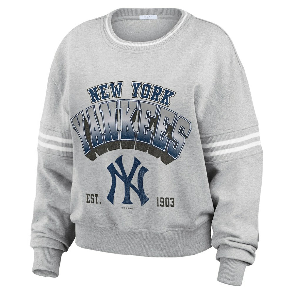 New York Yankees WEAR by Erin Andrews Women's Sleeve Stripe Fleece Crewneck Sweatshirt Clearance