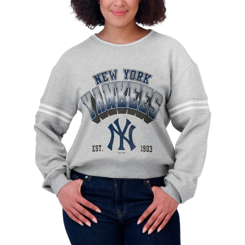 New York Yankees WEAR by Erin Andrews Women's Sleeve Stripe Fleece Crewneck Sweatshirt Clearance