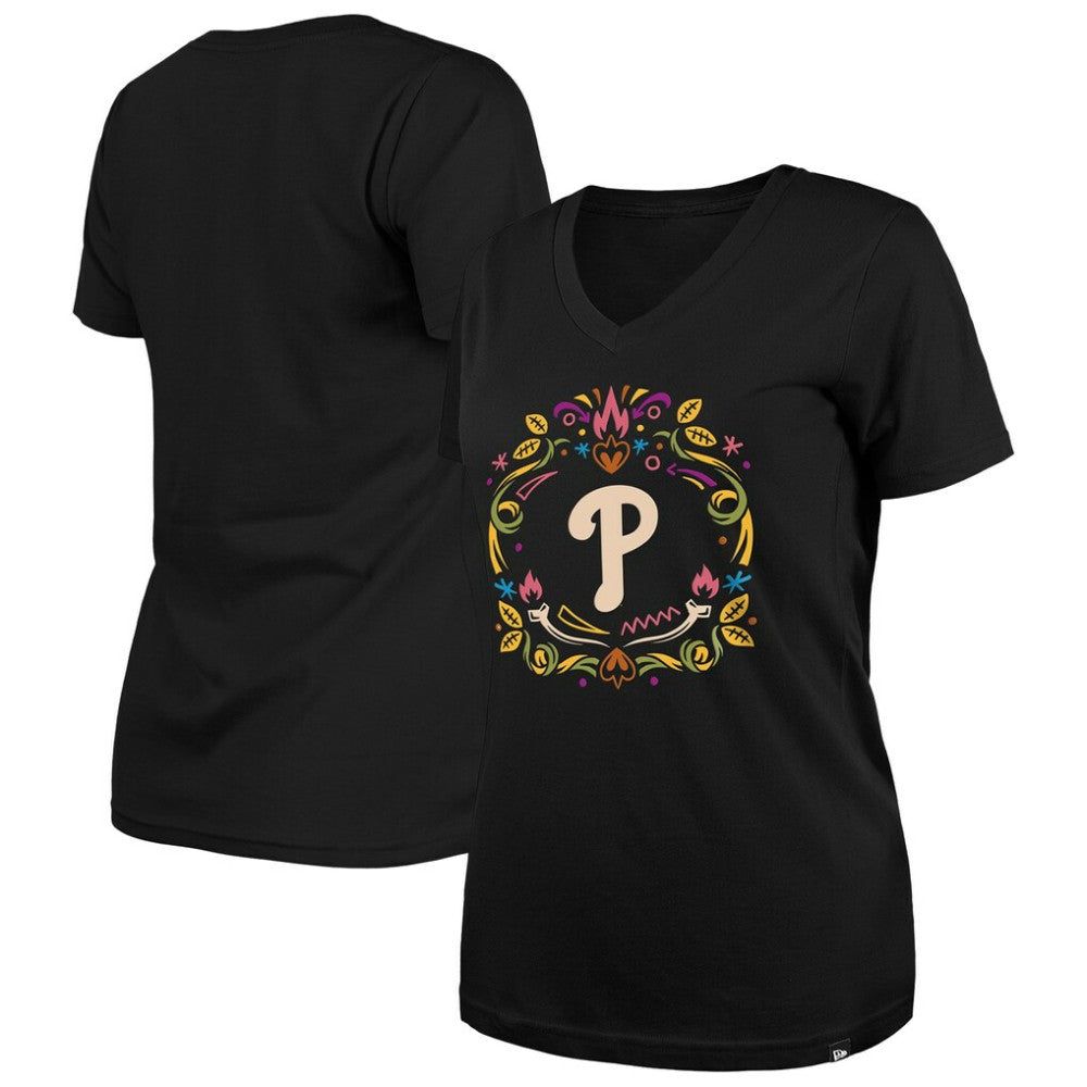 Philadelphia Phillies New Era Women's Día de los Muertos V-Neck T-Shirt Sale