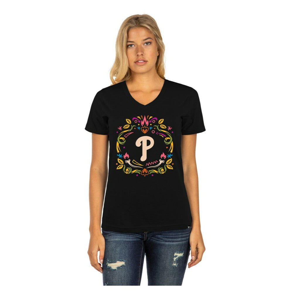 Philadelphia Phillies New Era Women's Día de los Muertos V-Neck T-Shirt Sale
