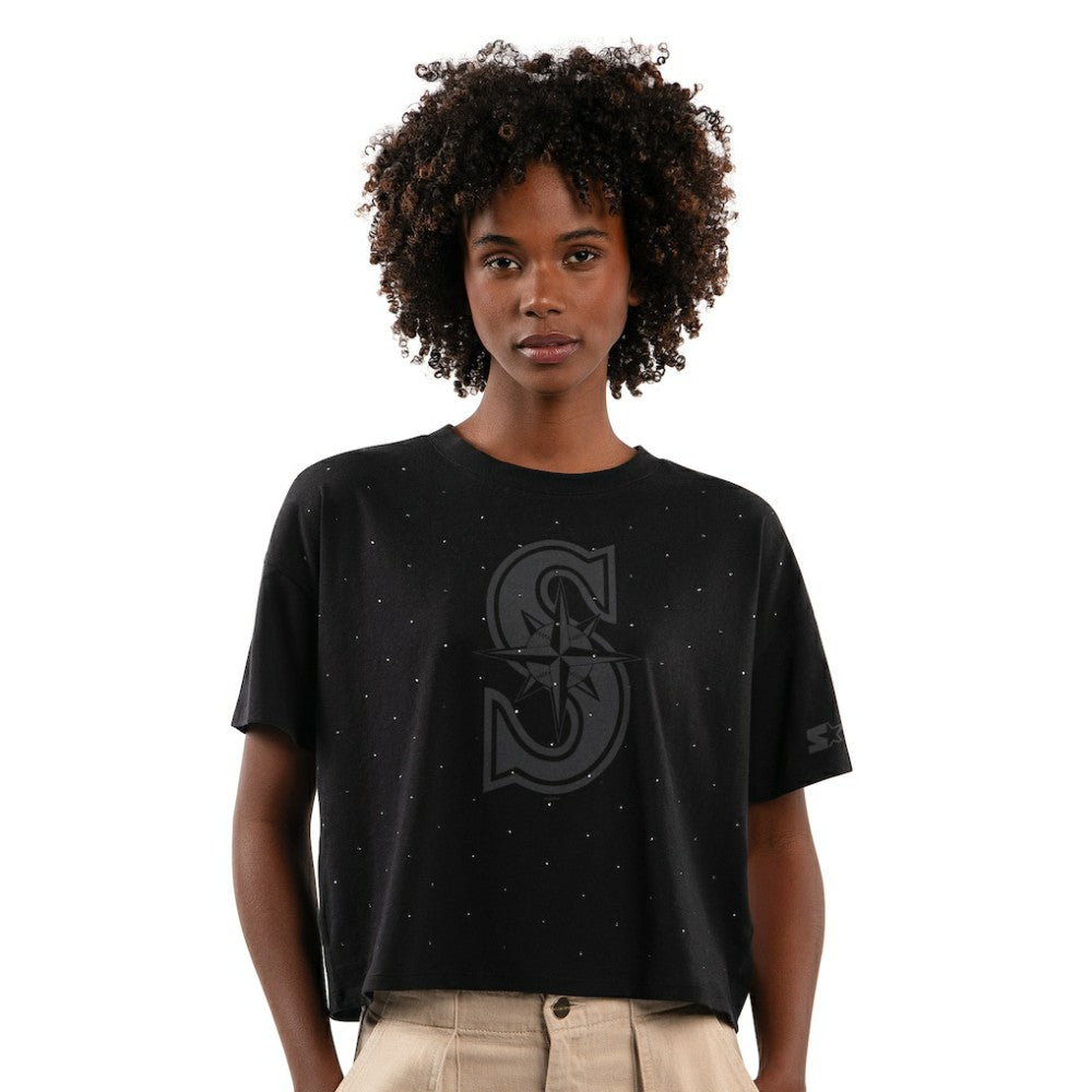 Seattle Mariners Starter Women's Rhinestone Sprinkle Boxy Cropped T-Shirt Clearance