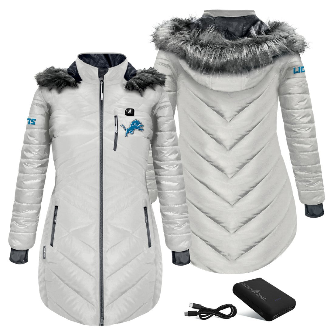 Detroit Lions ActionHeat Women's 5V Battery Heated Long Puffer Full-Zip Hoodie Jacket White - NFL