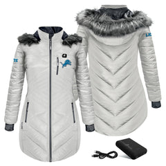 Detroit Lions ActionHeat Women's 5V Battery Heated Long Puffer Full-Zip Hoodie Jacket White - NFL