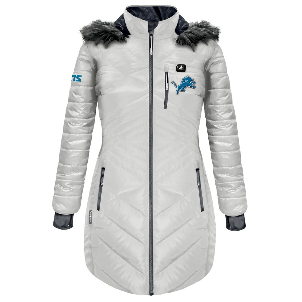 Detroit Lions ActionHeat Women's 5V Battery Heated Long Puffer Full-Zip Hoodie Jacket White - NFL