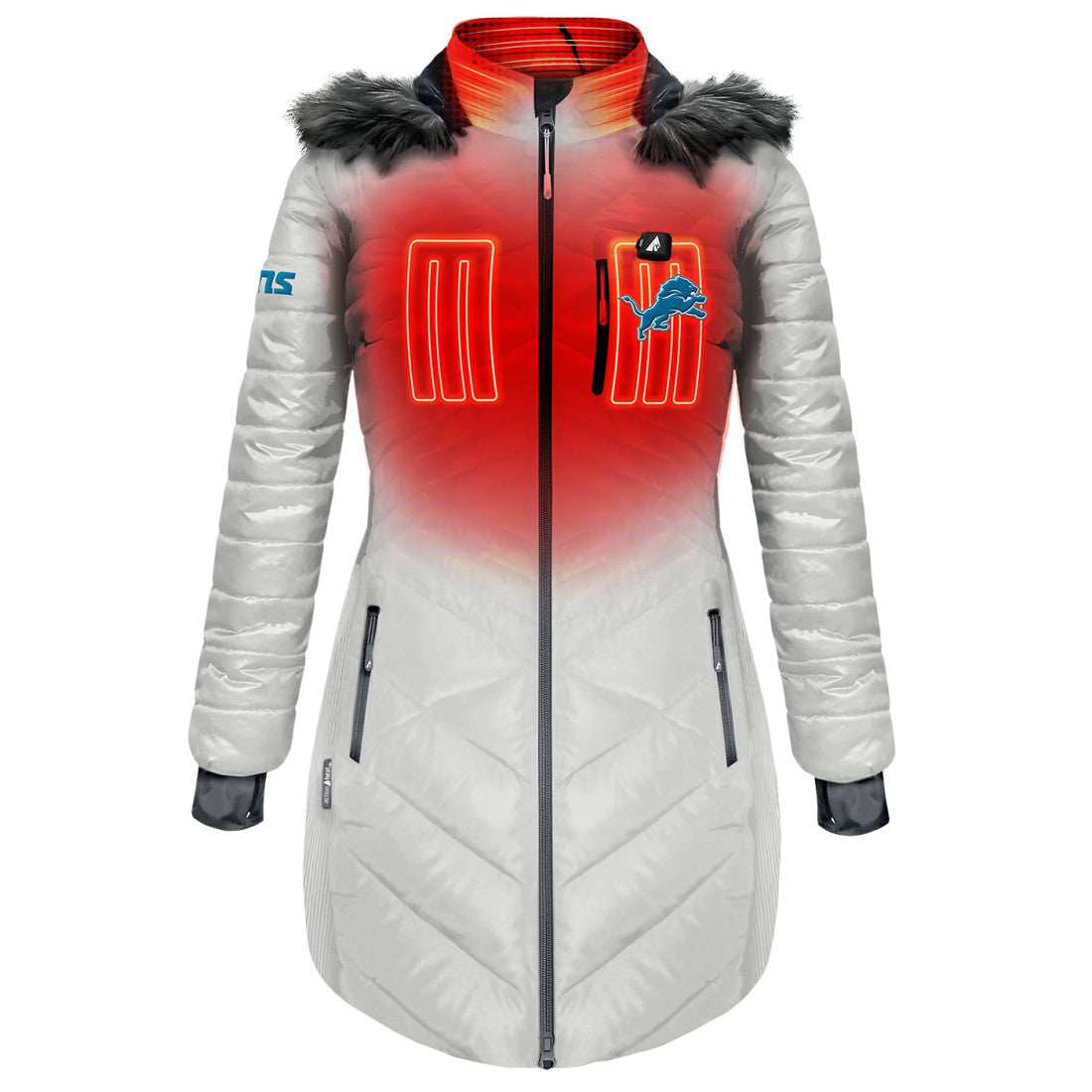 Detroit Lions ActionHeat Women's 5V Battery Heated Long Puffer Full-Zip Hoodie Jacket White - NFL