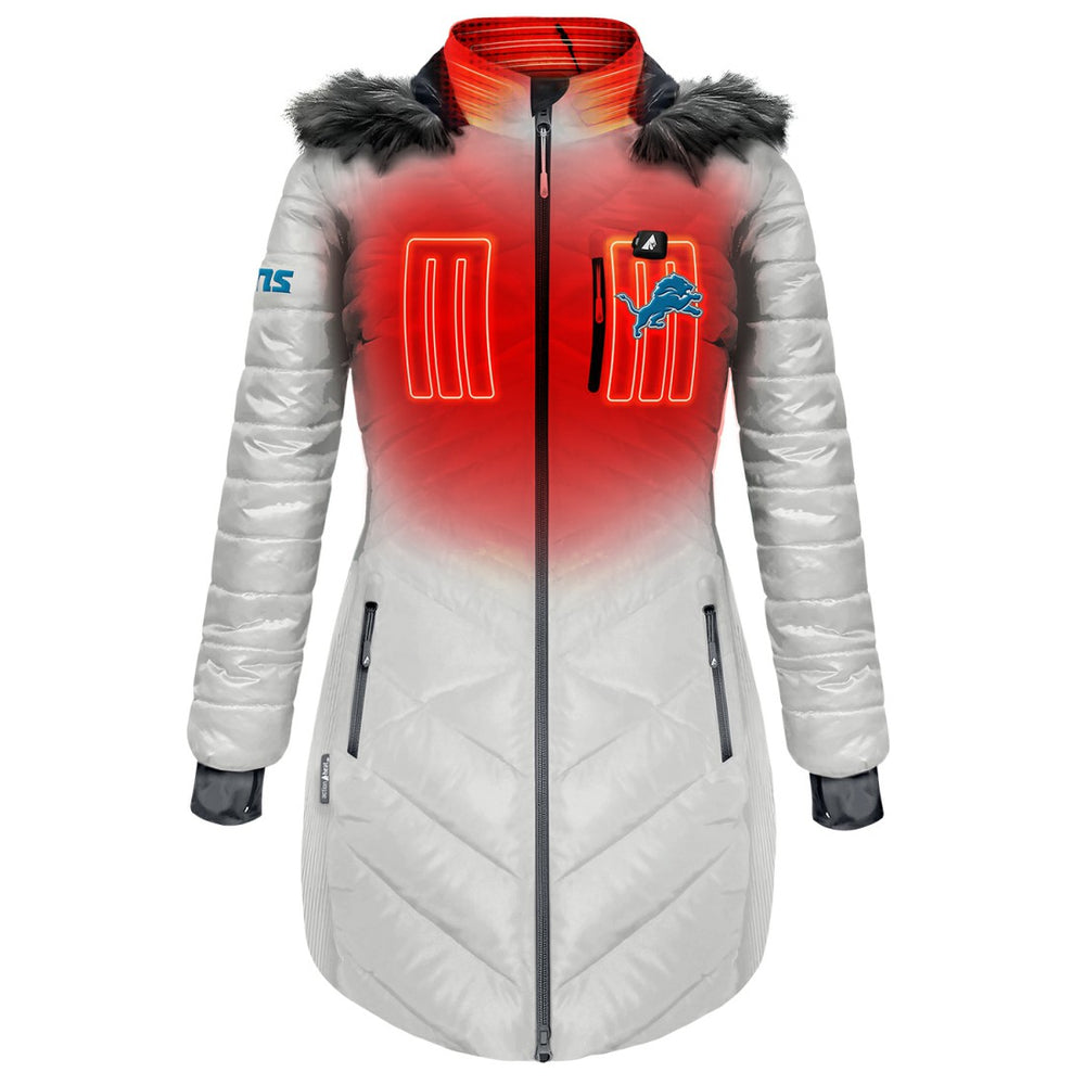 Detroit Lions ActionHeat Women's 5V Battery Heated Long Puffer Full-Zip Hoodie Jacket White - NFL
