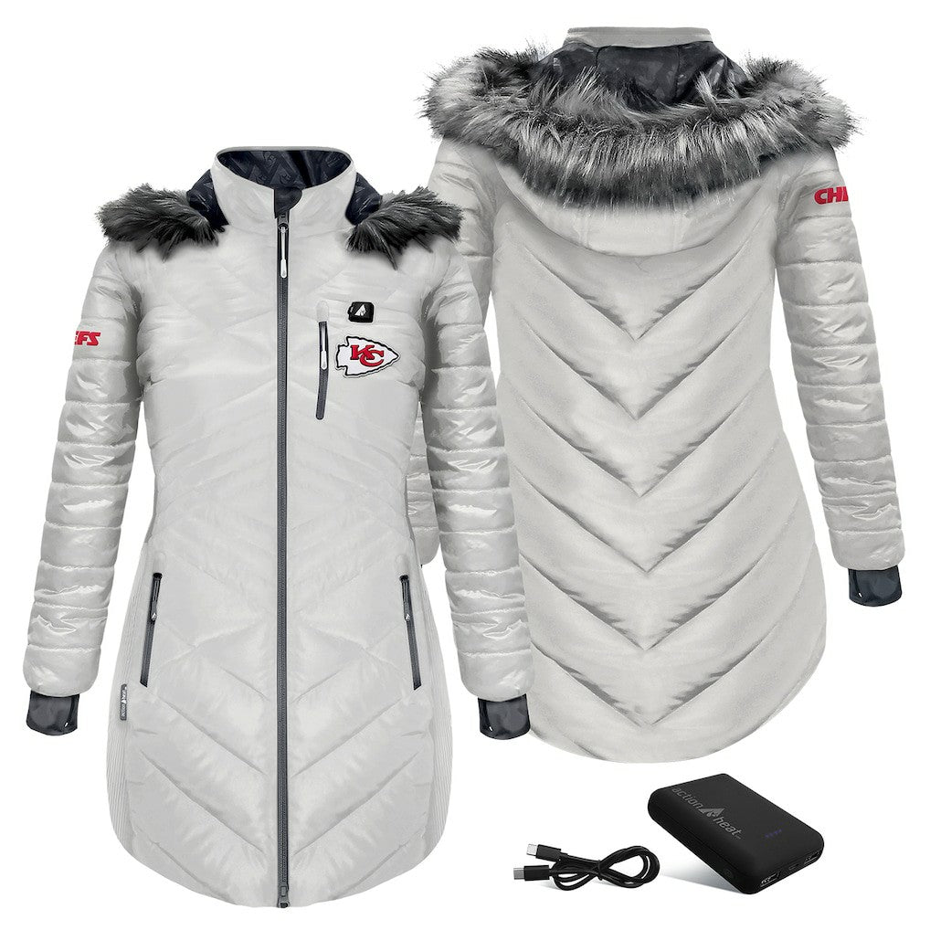 Kansas City Chiefs ActionHeat Women's 5V Battery Heated Long Puffer Full-Zip Hoodie Jacket White - NFL