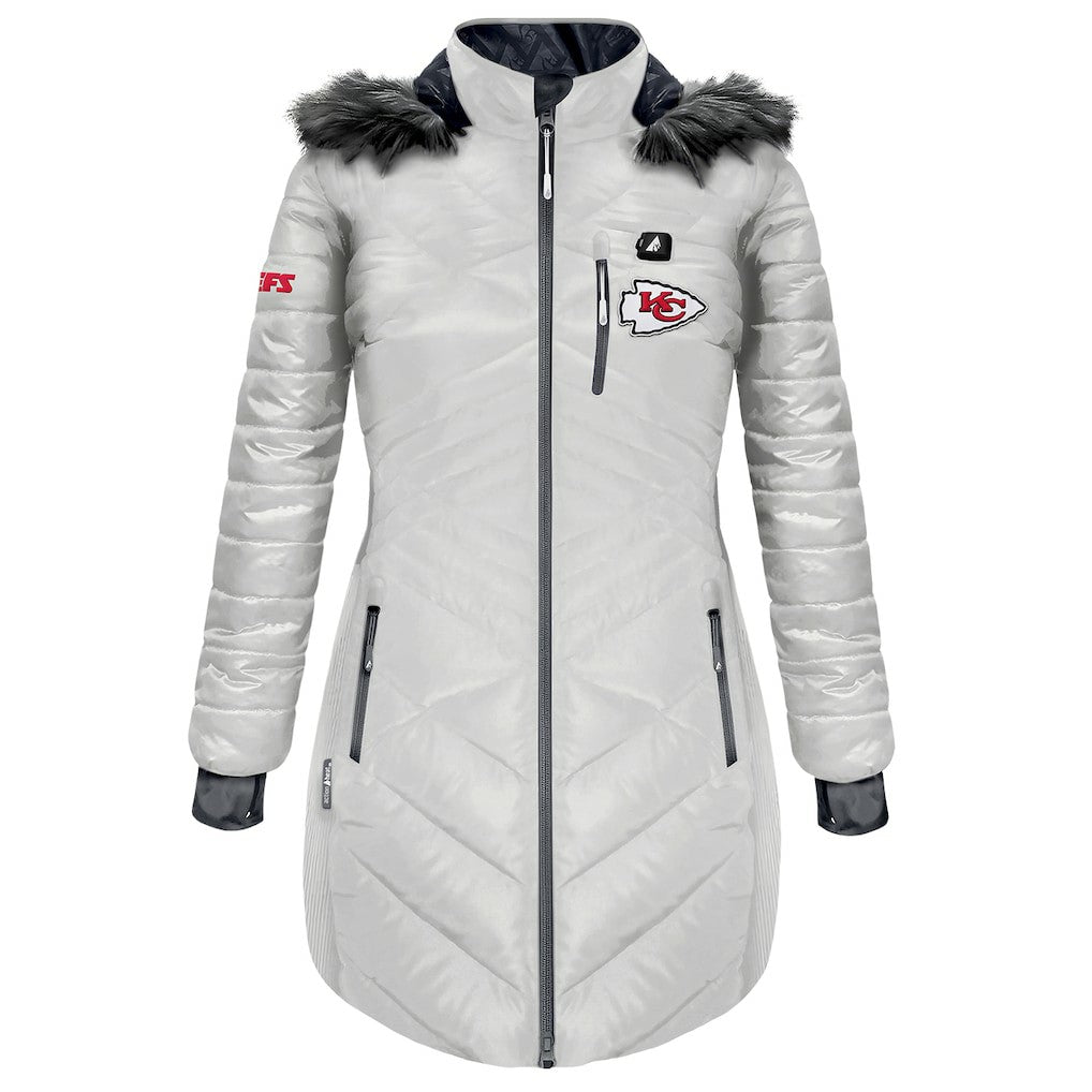 Kansas City Chiefs ActionHeat Women's 5V Battery Heated Long Puffer Full-Zip Hoodie Jacket White - NFL