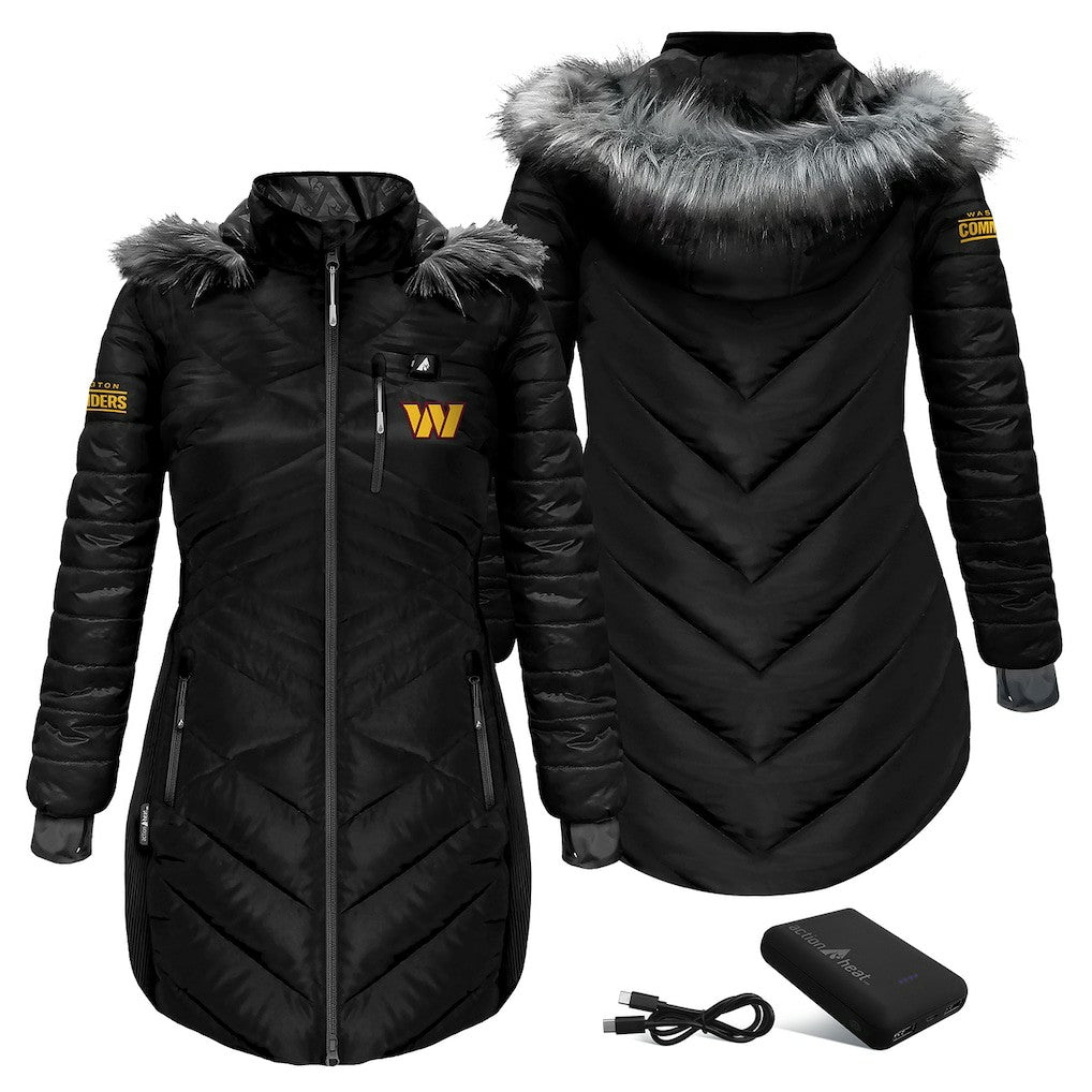 Washington Commanders ActionHeat Women's 5V Battery Heated Long Puffer Full-Zip Hoodie Jacket Black - NFL