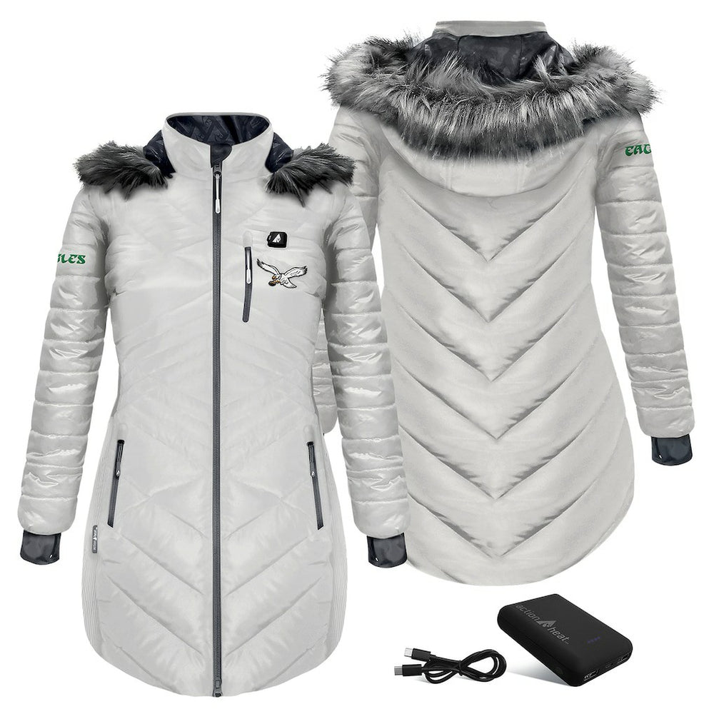 Philadelphia Eagles ActionHeat Women's 5V Battery Heated Long Puffer Full-Zip Hoodie Jacket White - NFL