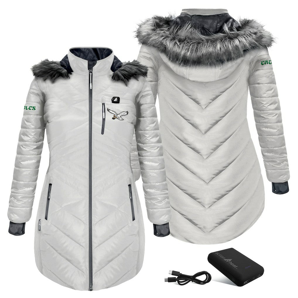 Philadelphia Eagles ActionHeat Women's 5V Battery Heated Long Puffer Full-Zip Hoodie Jacket White - NFL