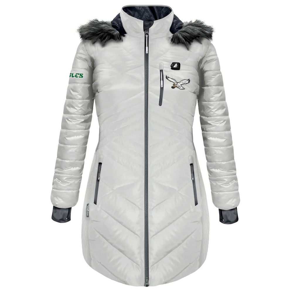 Philadelphia Eagles ActionHeat Women's 5V Battery Heated Long Puffer Full-Zip Hoodie Jacket White - NFL