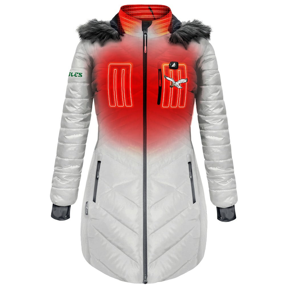 Philadelphia Eagles ActionHeat Women's 5V Battery Heated Long Puffer Full-Zip Hoodie Jacket White - NFL