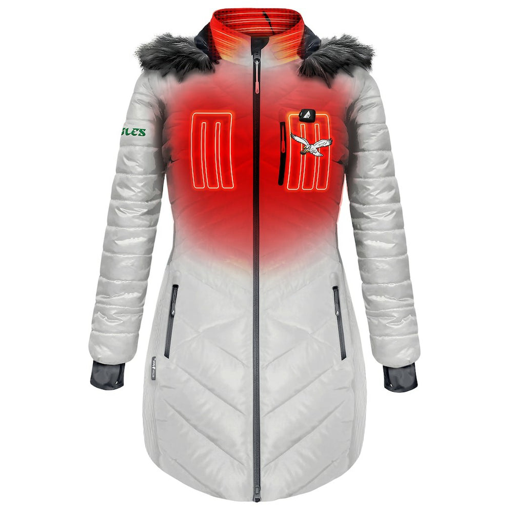 Philadelphia Eagles ActionHeat Women's 5V Battery Heated Long Puffer Full-Zip Hoodie Jacket White - NFL