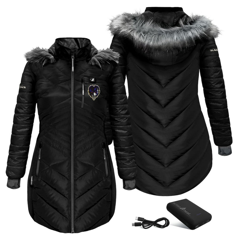 Baltimore Ravens ActionHeat Women's 5V Battery Heated Long Puffer Full-Zip Hoodie Jacket Black - NFL