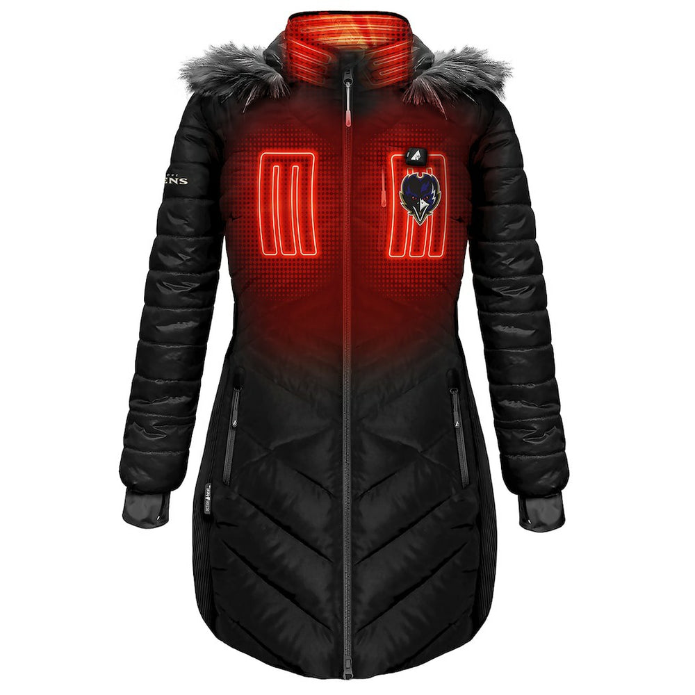 Baltimore Ravens ActionHeat Women's 5V Battery Heated Long Puffer Full-Zip Hoodie Jacket Black - NFL