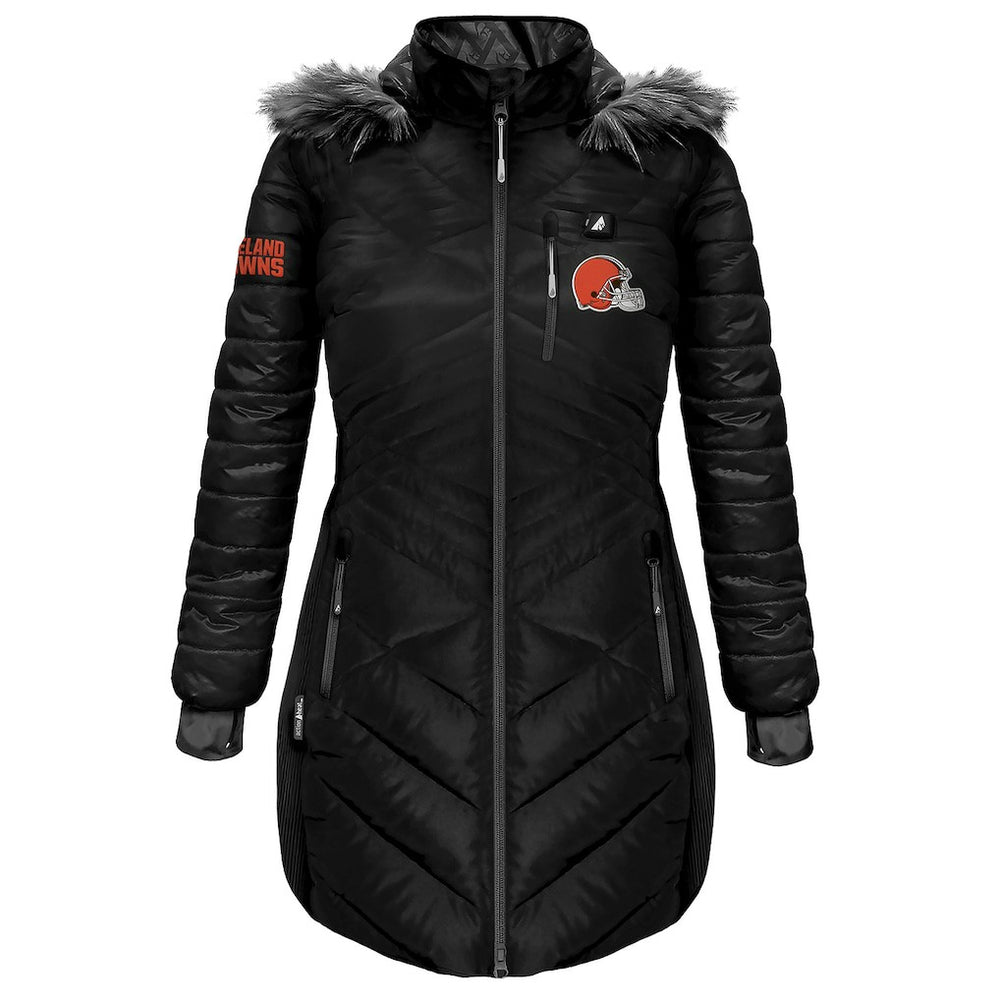 Cleveland Browns ActionHeat Women's 5V Battery Heated Long Puffer Full-Zip Hoodie Jacket Black - NFL