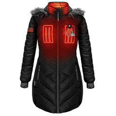 Cleveland Browns ActionHeat Women's 5V Battery Heated Long Puffer Full-Zip Hoodie Jacket Black - NFL