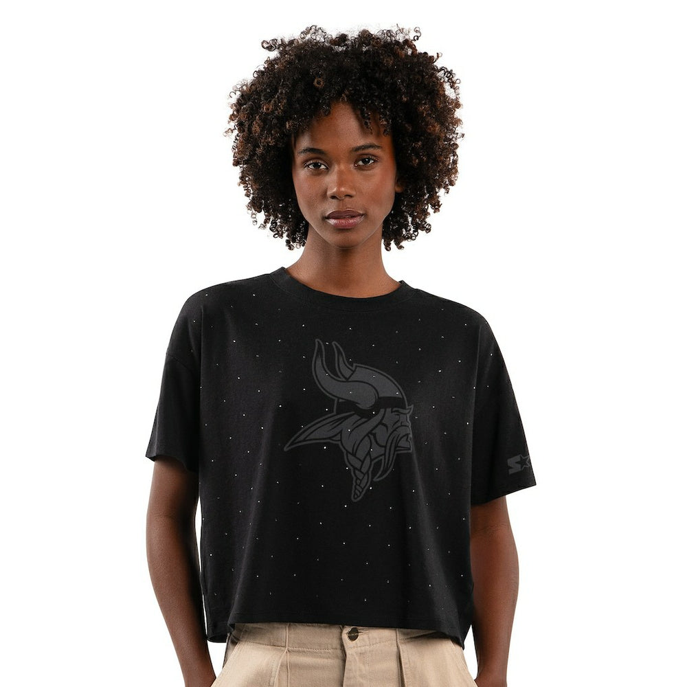 Minnesota Vikings Starter Women's Rhinestone Sprinkle Boxy Cropped T-Shirt Black - NFL