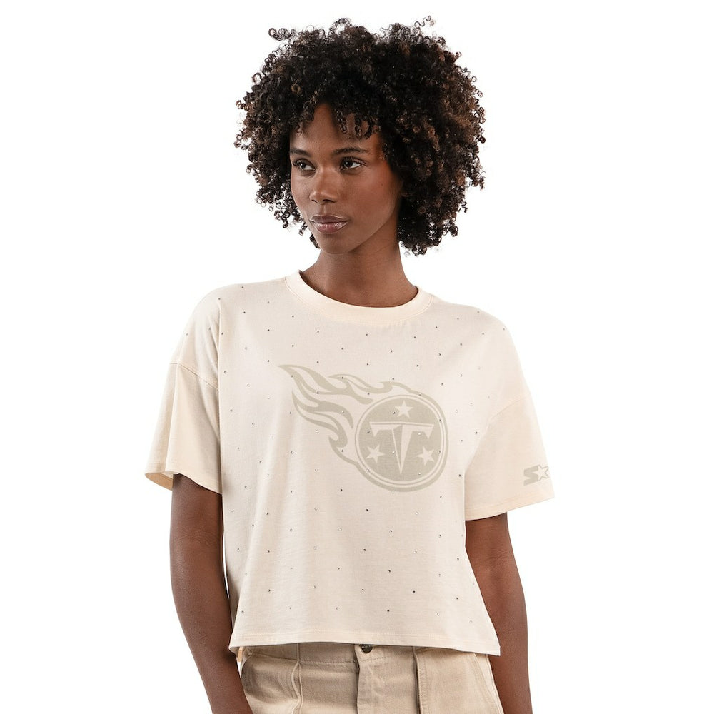 Tennessee Titans Starter Women's Rhinestone Sprinkle Boxy Cropped T-Shirt Cream - NFL
