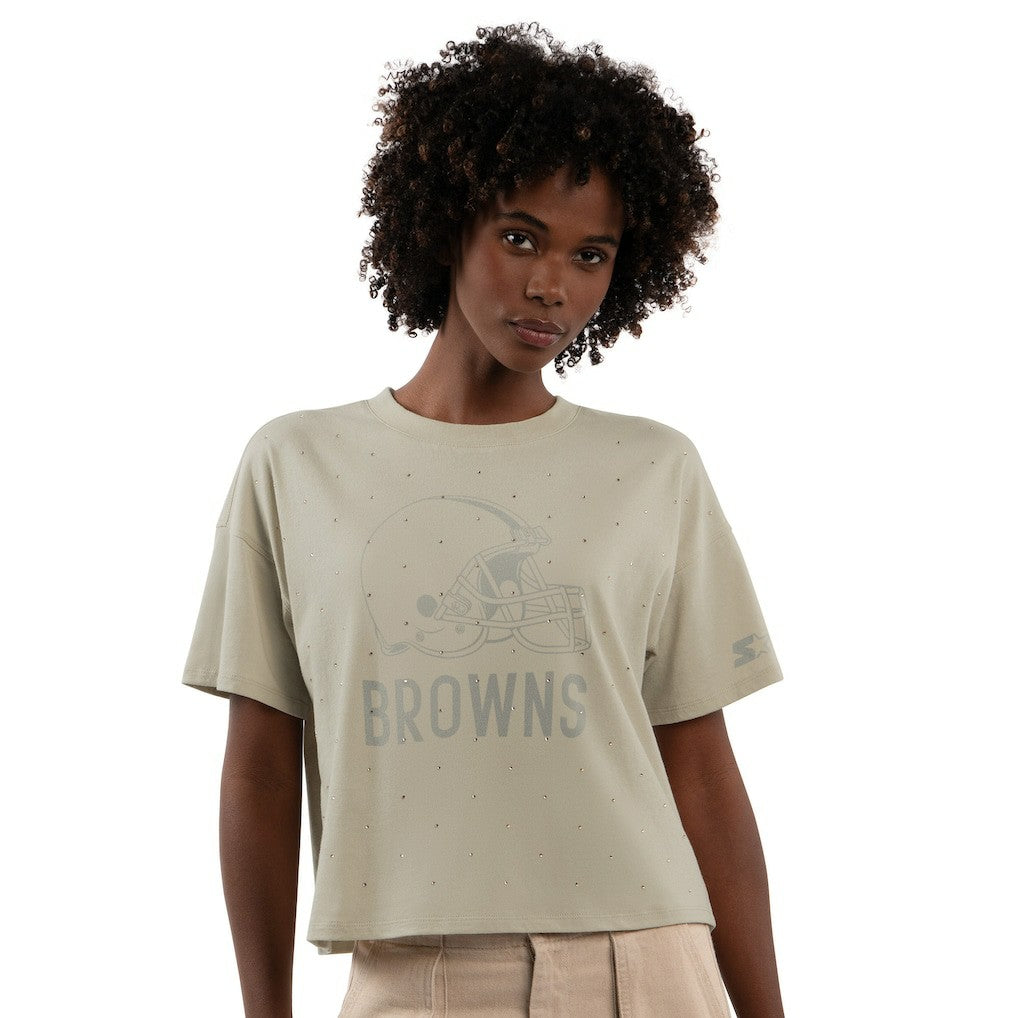 Cleveland Browns Starter Women's Rhinestone Sprinkle Boxy Cropped T-Shirt Khaki - NFL