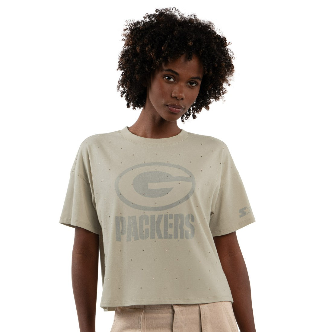 Green Bay Packers Starter Women's Rhinestone Sprinkle Boxy Cropped T-Shirt Khaki - NFL