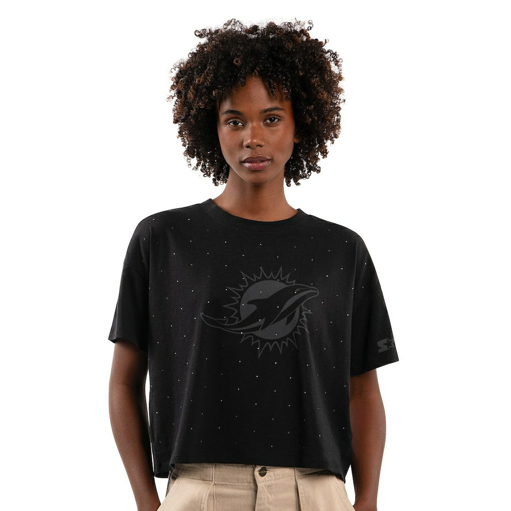 Miami Dolphins Starter Women's Rhinestone Sprinkle Boxy Cropped T-Shirt Black - NFL