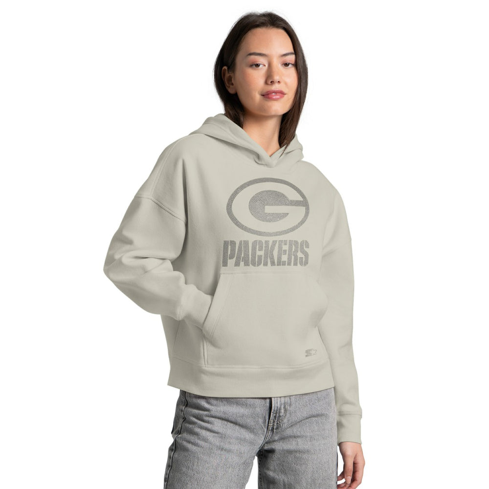 Green Bay Packers Starter Women's Rhinestone Relaxed Hoodie Khaki - NFL