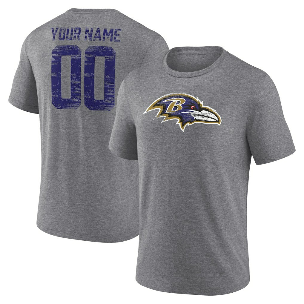 Baltimore Ravens Heritage Custom Name & Number Tri-Blend T-Shirt Gray - NFL