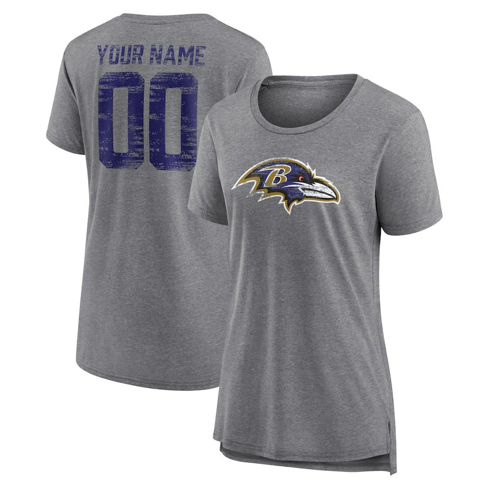 Baltimore Ravens Women's Heritage Custom Name & Number Tri-Blend T-Shirt Gray - NFL
