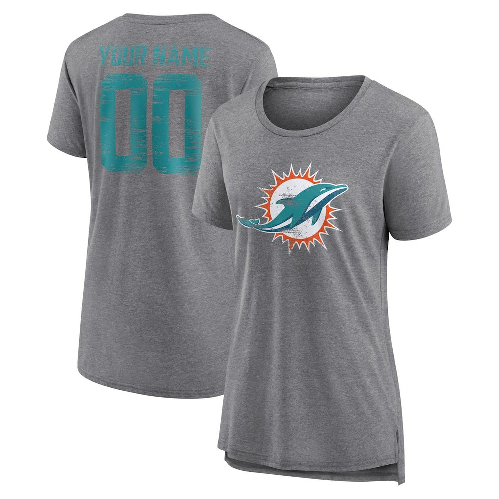 Miami Dolphins Women's Heritage Custom Name & Number Tri-Blend T-Shirt Gray - NFL