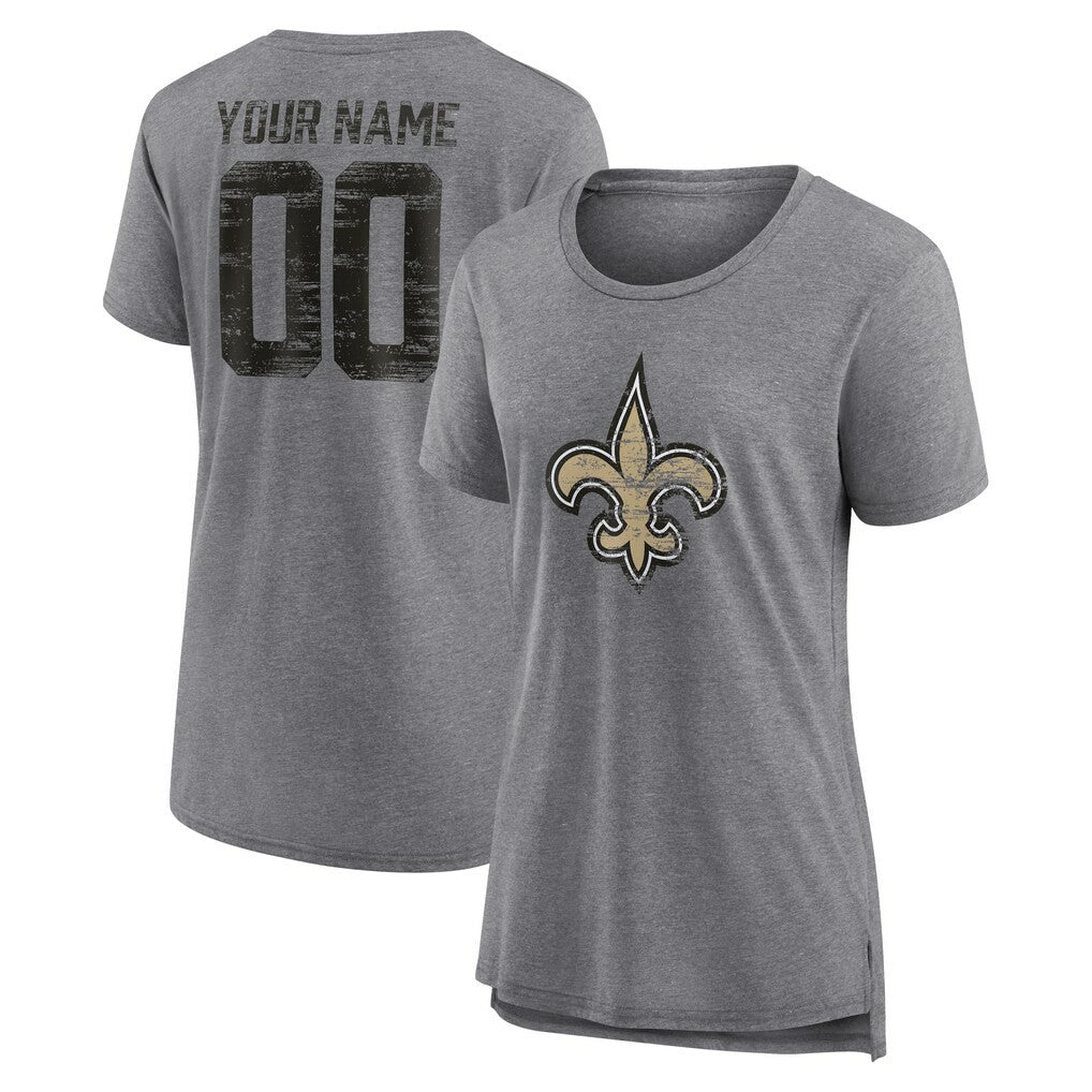 New Orleans Saints Women's Heritage Custom Name & Number Tri-Blend T-Shirt Gray - NFL