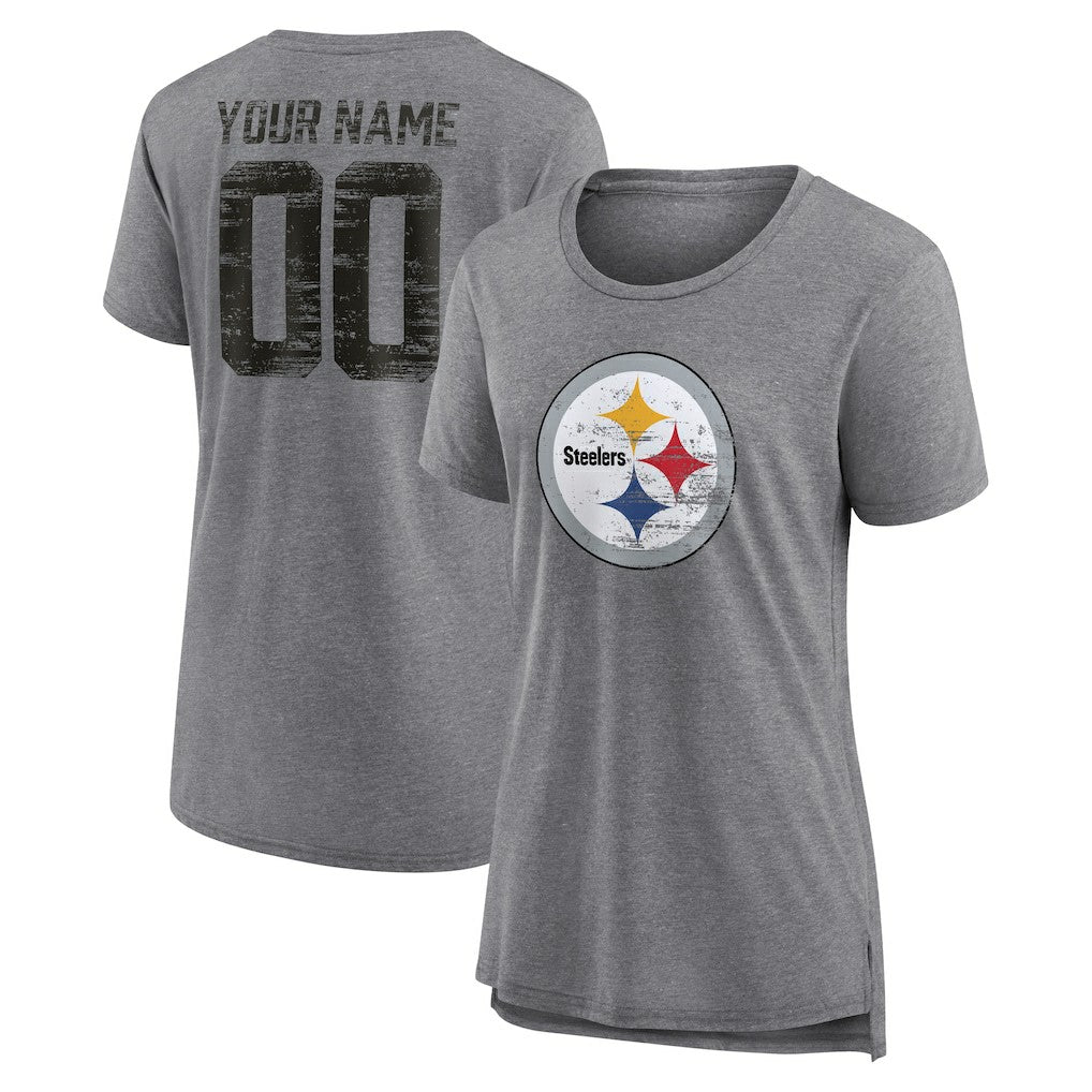 Pittsburgh Steelers Women's Heritage Custom Name & Number Tri-Blend T-Shirt Gray - NFL