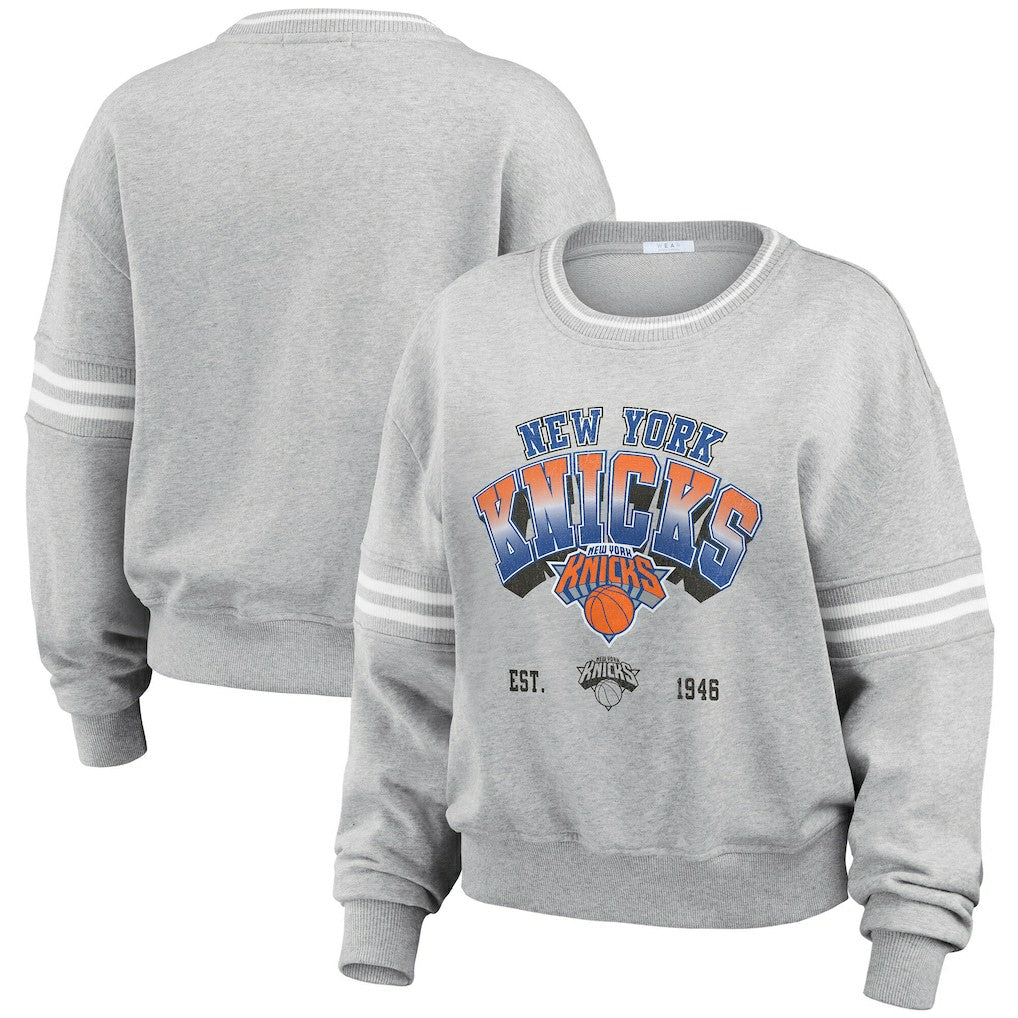 NBA - New York Knicks WEAR by Erin Andrews Women's Sleeve Stripe Fleece Crewneck Sweatshirt - Gray